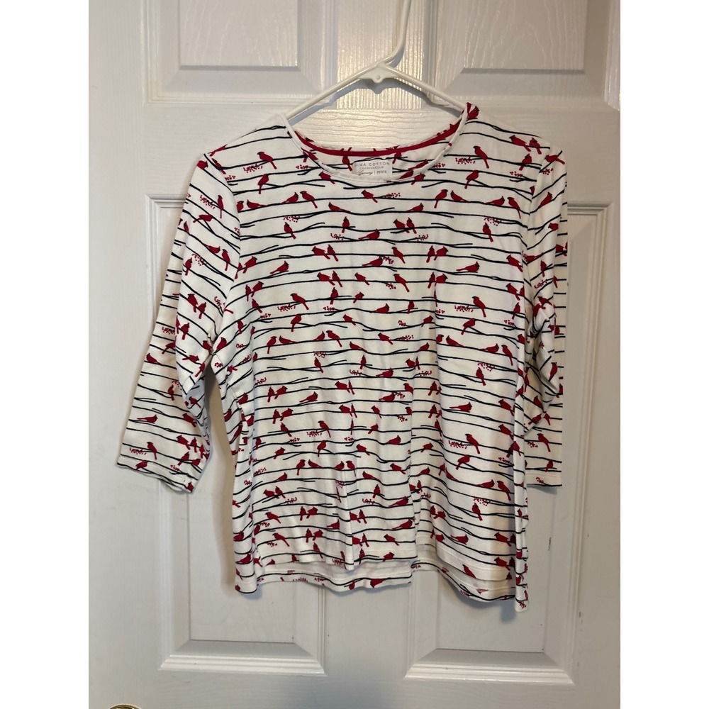 Pima Cotton Charter Club Petite Top Cardinal Bird Print 3/4 Sleeve 1330